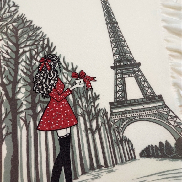 Love + Lace Cream Eiffel Tower & Lady Winter Scene Ruffle Detail Sweatshirt 3X - Picture 3 of 11